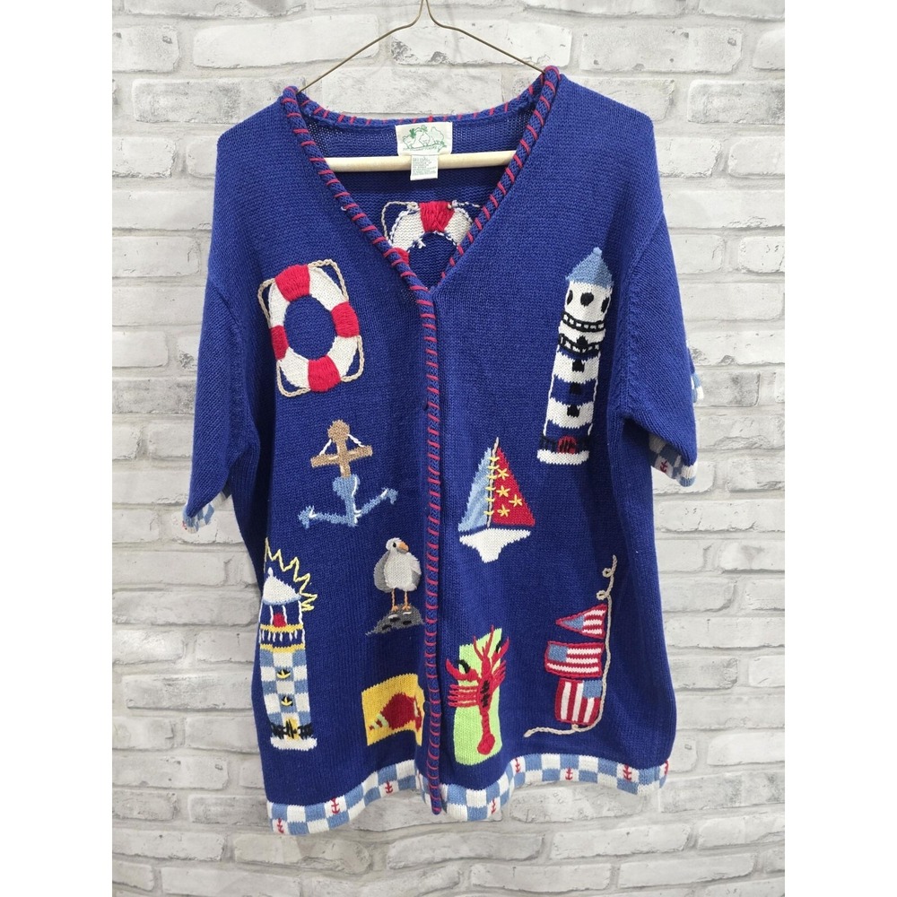 Quacker Factory Sweater Cardigan L Nautical Ocean Lighthouse Seagull USA Gmacore